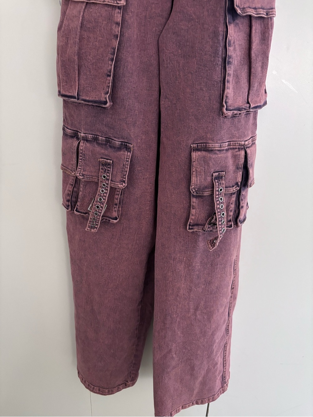 NWT $130 Akira Acid Washed Denim Jumpsuit Pink buckles streetwear cargo baggy - Picture 9 of 13